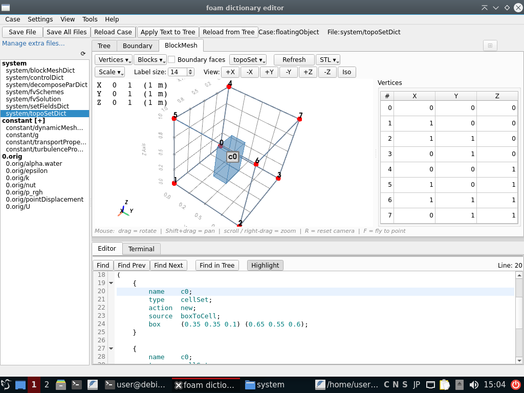 3D View: blockMesh and topoSet in floatingObject tutorial