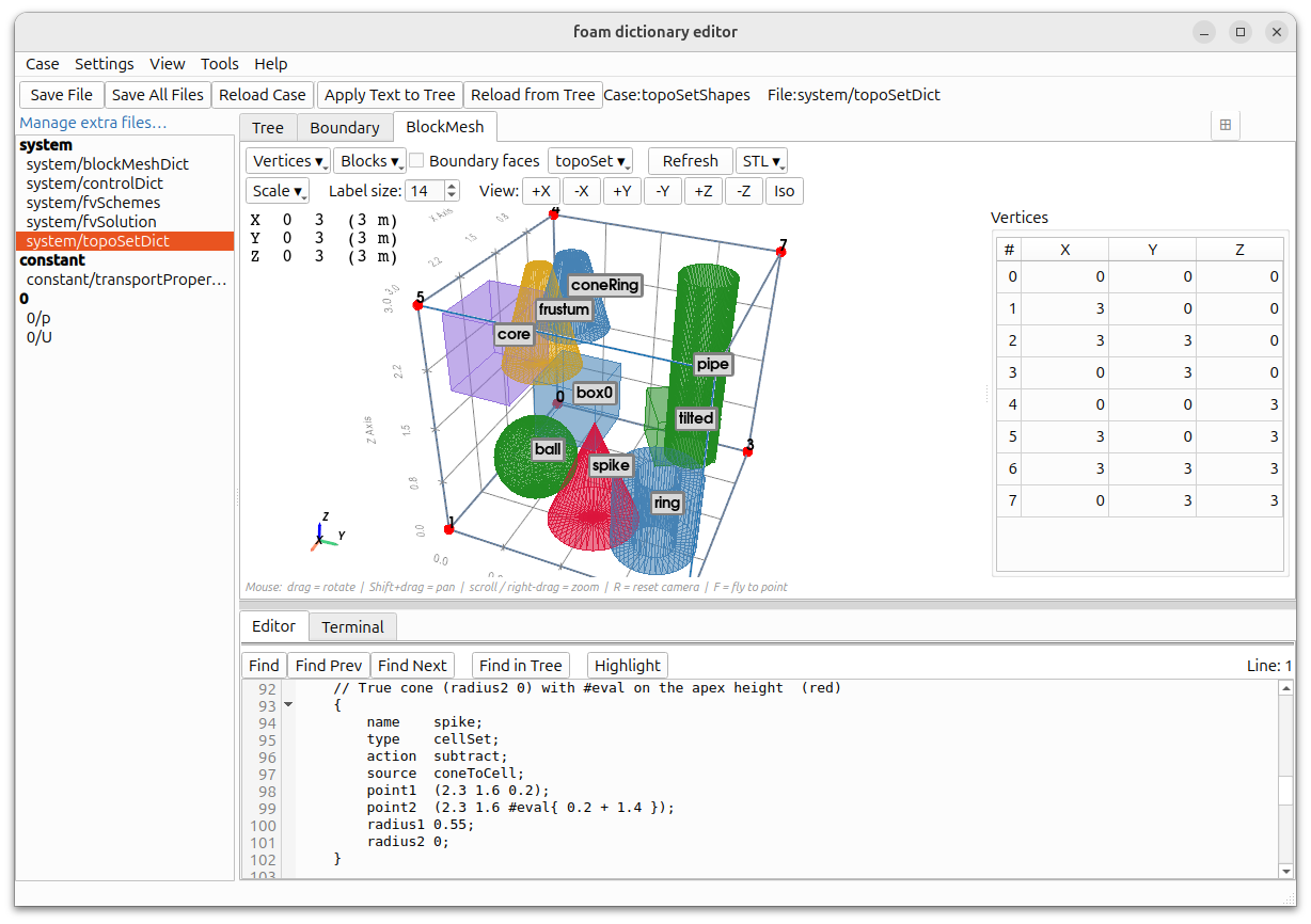 3D View: shapes in topoSetDict